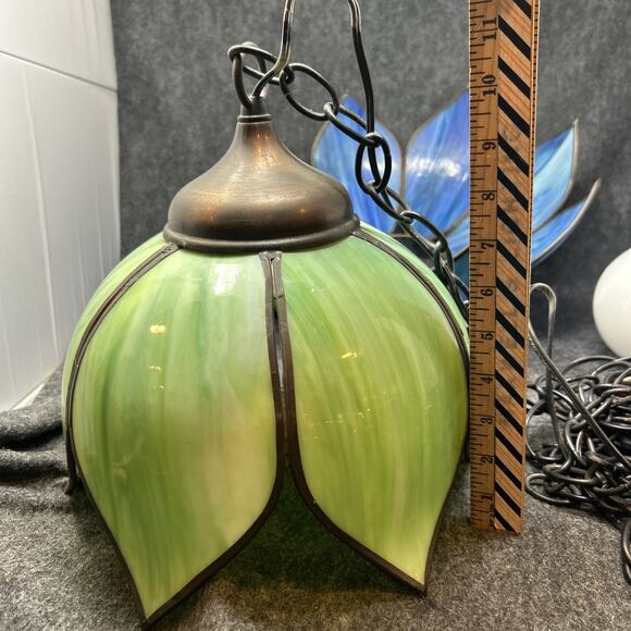 Vintage 1970s Stained Glass Chandelier Two Tier Slag Glass Hanging Lotus Flower - Picture 14 of 16